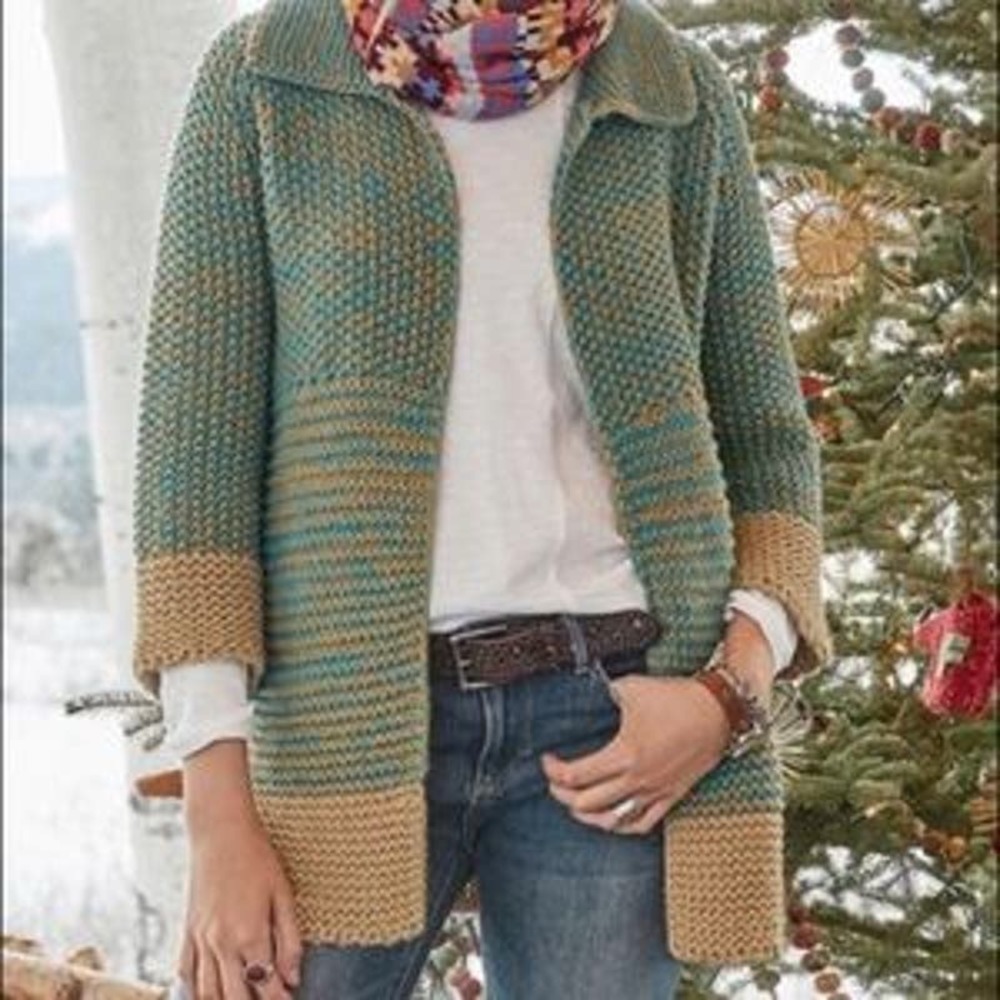 Sundance Catalog Chunky Selina Teal Gold Hand Made Look Granny Cardigan Size M